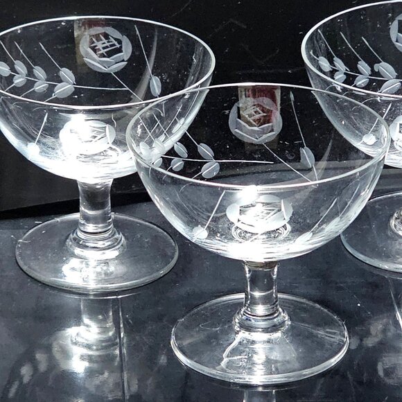 4 Vintage Rose Champagne Coupe 3" short glasses etched floral 4oz romantic glass - Picture 2 of 6